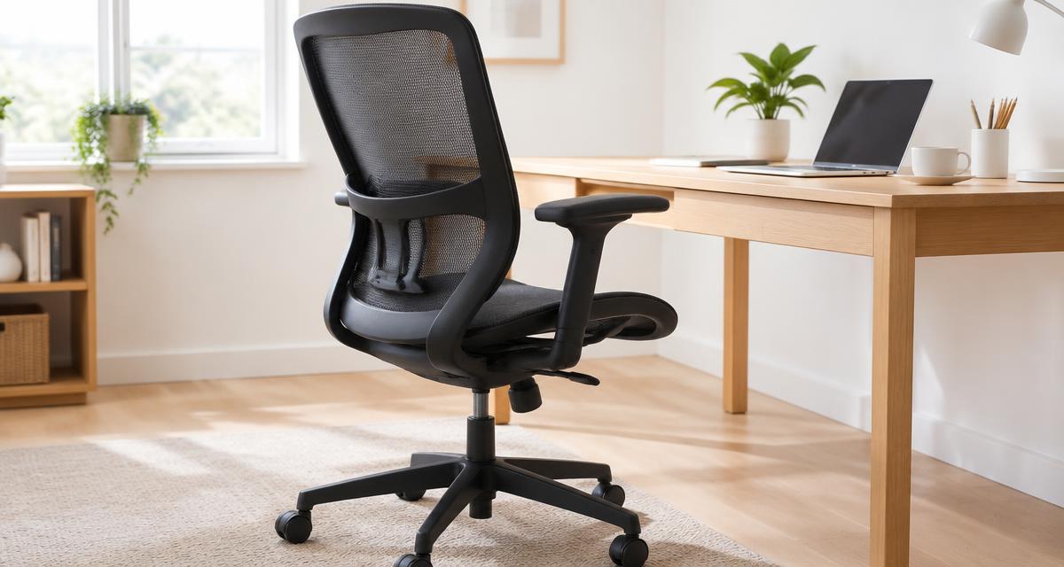 Black mesh ergonomic office chair at a light wooden desk