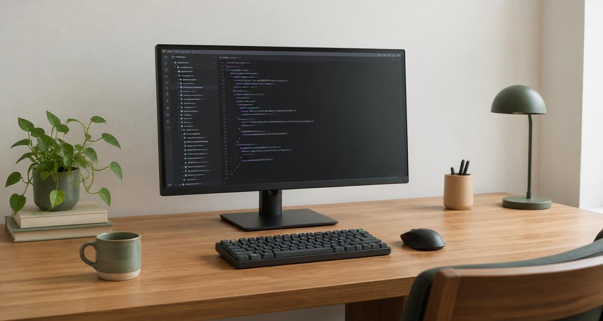 Monitor showing code on an oak desk with a mechanical keyboard