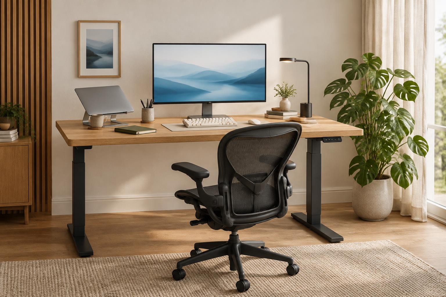 Sunlit home office with an oak desk, monitor, laptop stand, and ergonomic chair